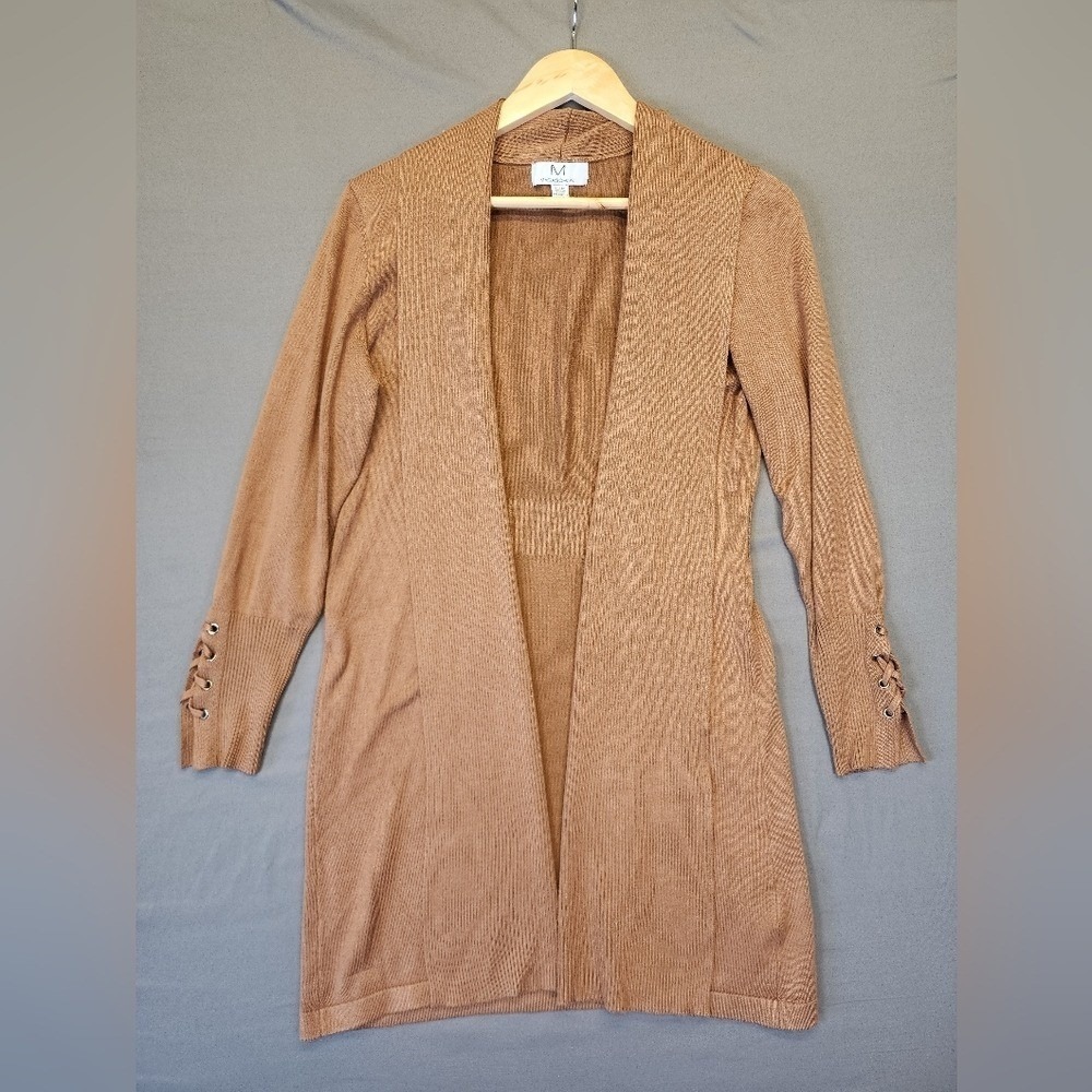 Magaschoni Brown Longline Cardigan XL Lace Up Cuff Open Front Knit Sweater Soft